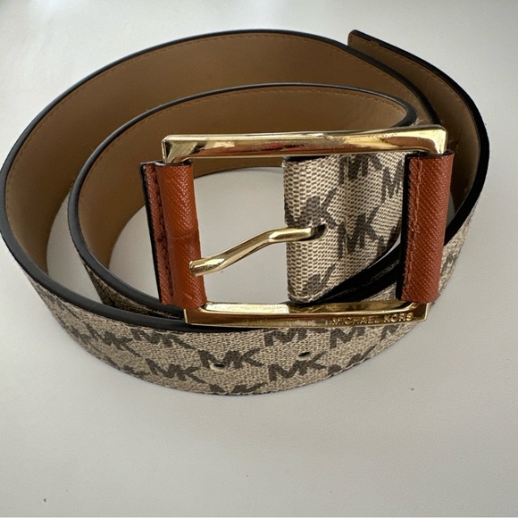Michael Kors monogram brown faux leather belt Gold Tone buckle Large 552802 42” - Picture 1 of 16